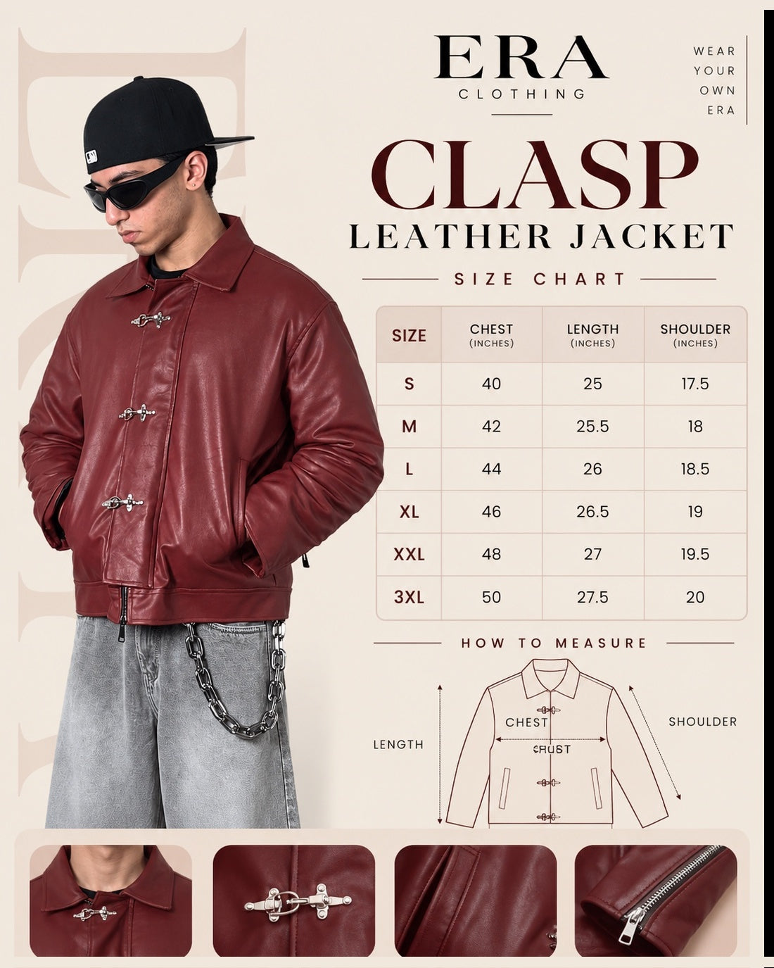 ERA Cherry Red Clasp Boxy Fit Leather Jacket