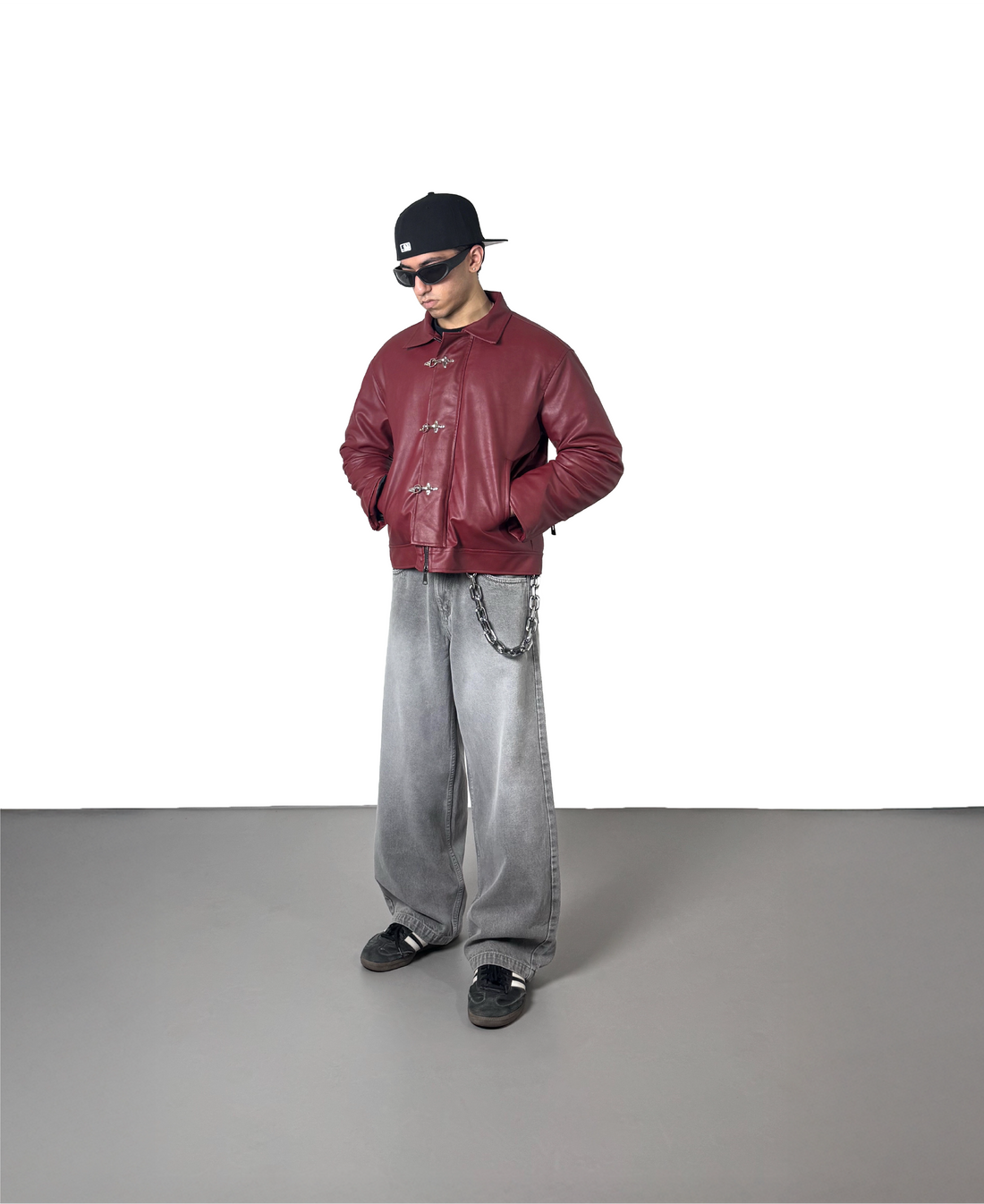 ERA Cherry Red Clasp Boxy Fit Leather Jacket