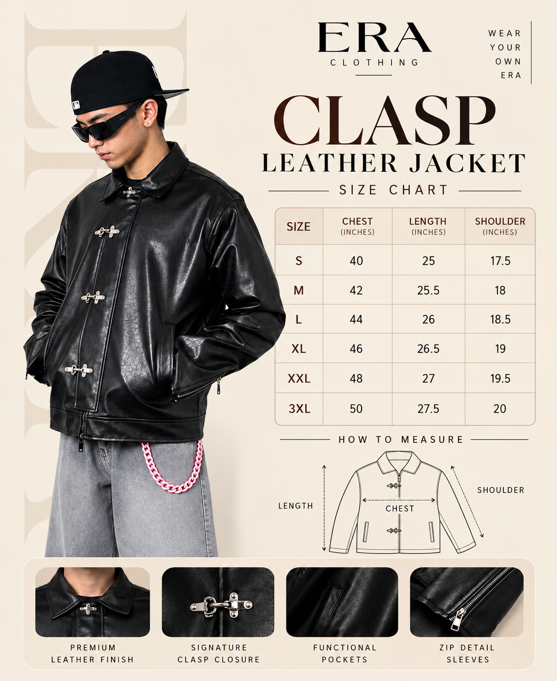 ERA Black Clasp Boxy Fit Leather Jacket