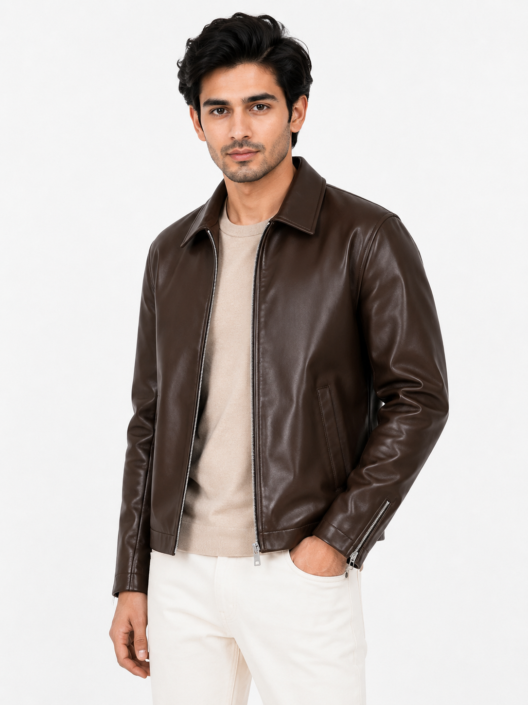 Vintage Chocolate brown Unisex Collar Leather Jacket – Era Premium Collection.