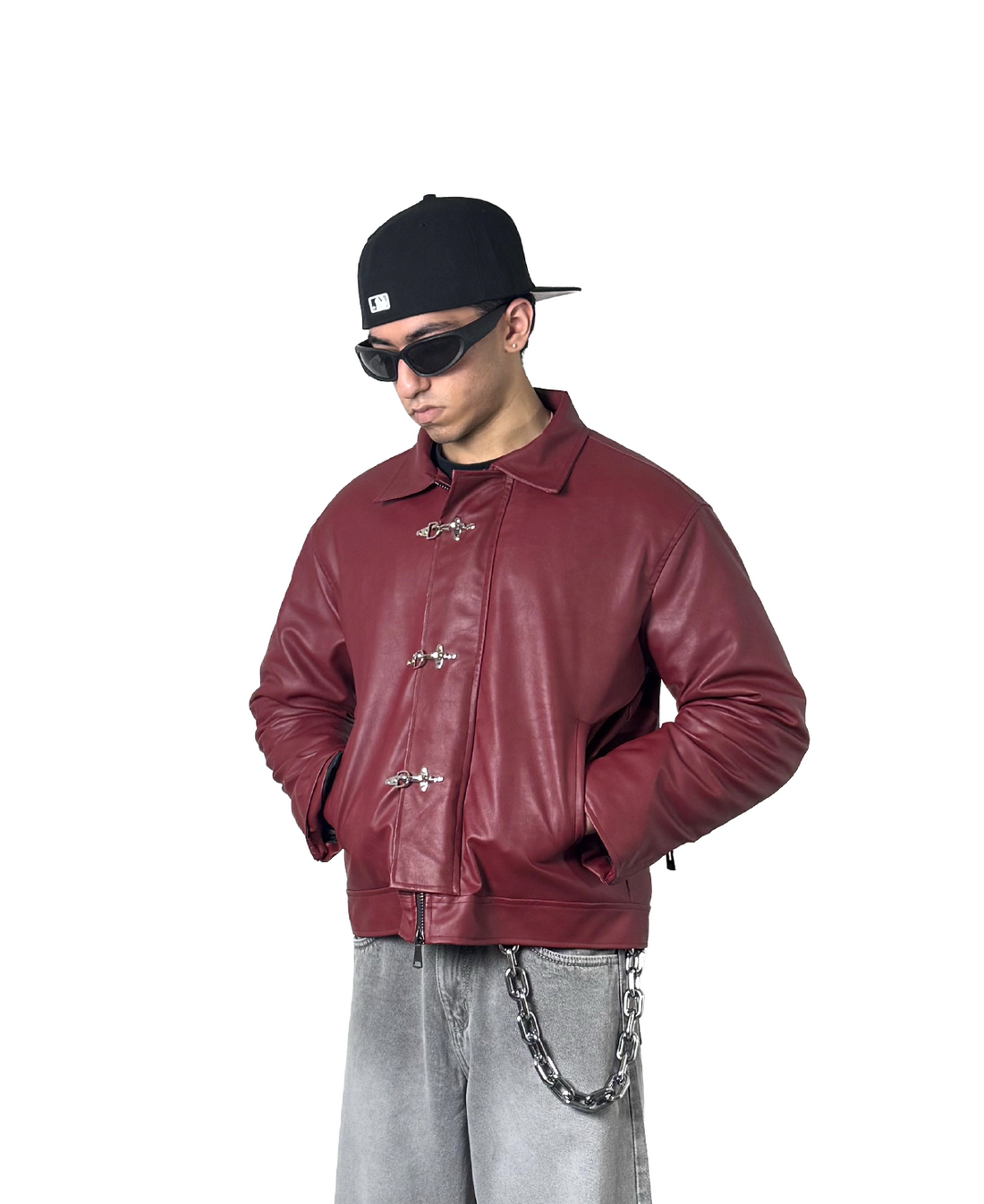 ERA Cherry Red Clasp Boxy Fit Leather Jacket