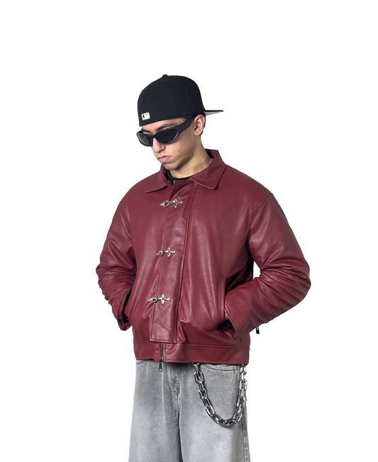 ERA Cherry Red Clasp Boxy Fit Leather Jacket