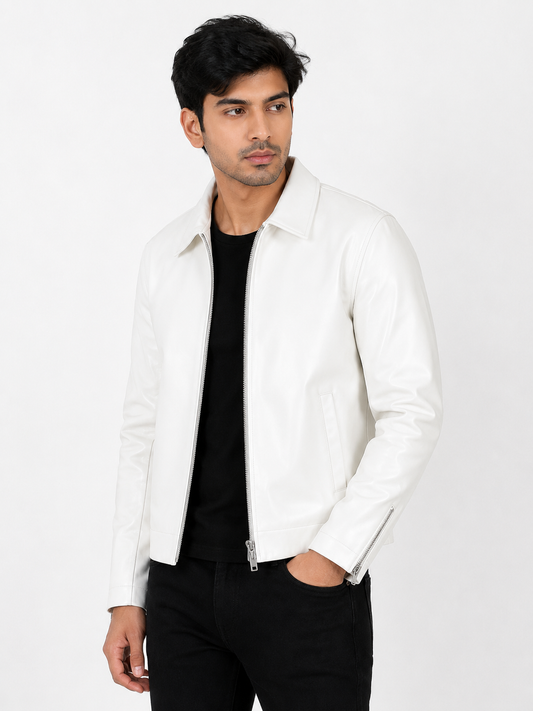 Vintage White Unisex Collar Leather Jacket – Era Premium Collection.