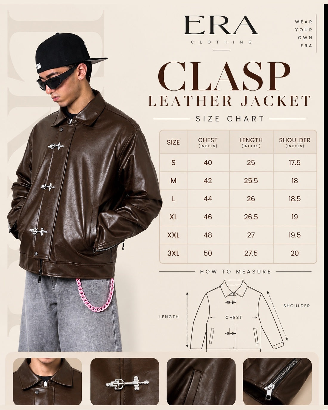 ERA Brown Clasp Boxy Fit Leather Jacket