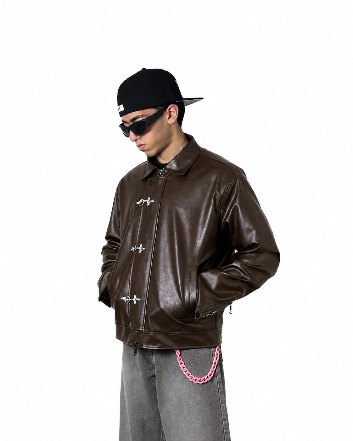 ERA Brown Clasp Boxy Fit Leather Jacket