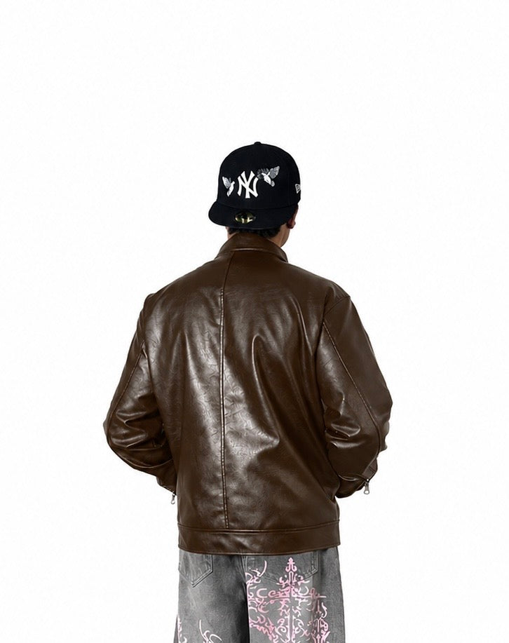 ERA Brown Clasp Boxy Fit Leather Jacket