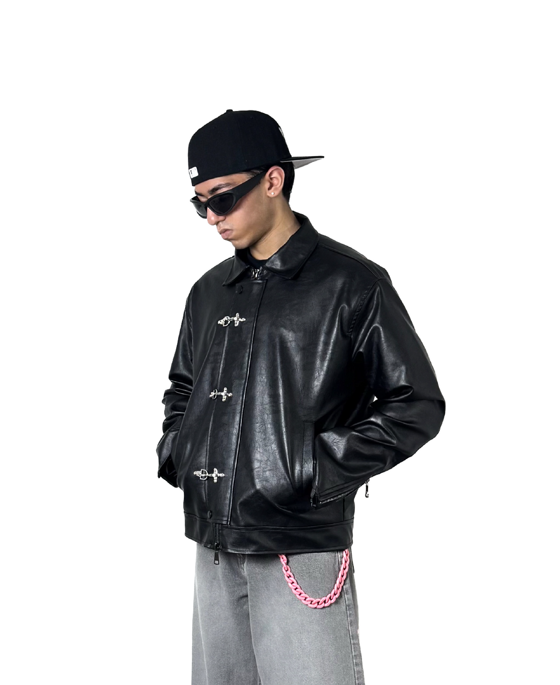 ERA Black Clasp Boxy Fit Leather Jacket