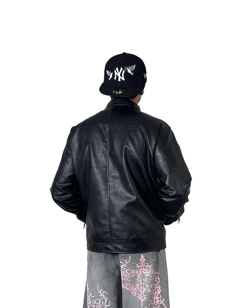 ERA Black Clasp Boxy Fit Leather Jacket