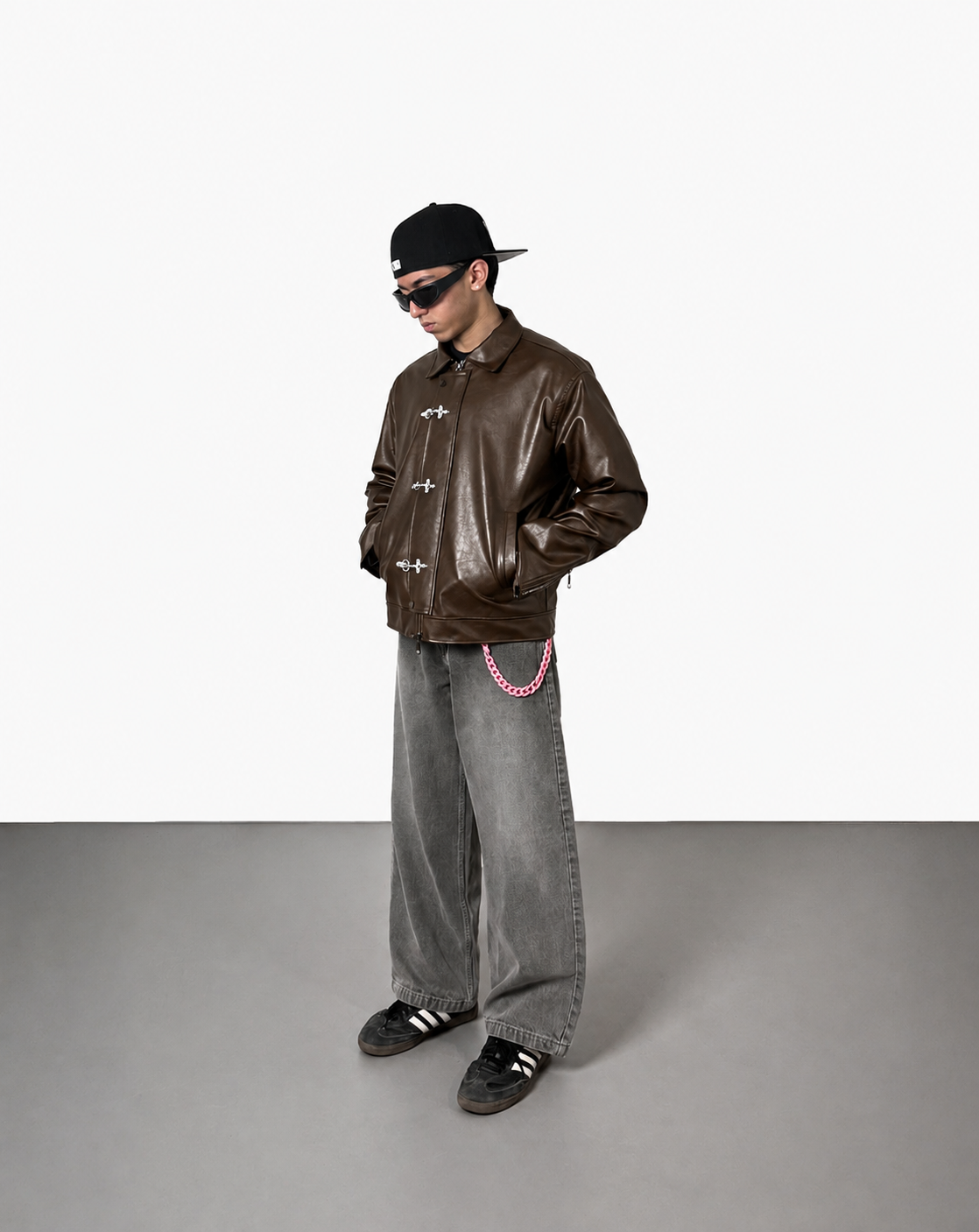 ERA Brown Clasp Boxy Fit Leather Jacket