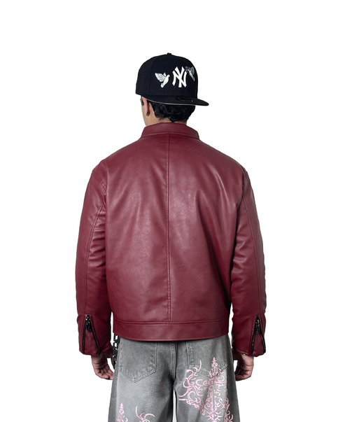 ERA Cherry Red Clasp Boxy Fit Leather Jacket